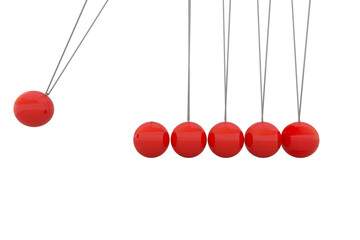 Digital composite image of red Newtons Cradle in motion
