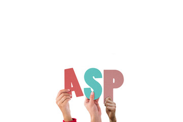 Colorful alphabet spelling ASP held up by people 