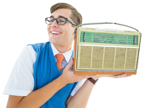 Geeky hipster listening to retro radio