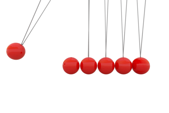 Digital composite image of red Newtons Cradle in motion