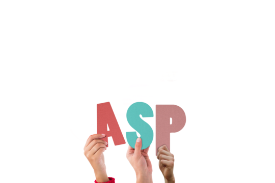 Colorful alphabet spelling ASP held up by people 