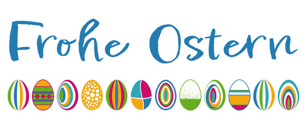 Frohe Ostern - deutscher Text. Banner mit einer Reihe von bunten Ostereiern für Ostergrüße.