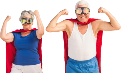Senior man and woman flexing muscles