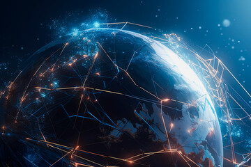 Connection lines around the Earth's surface, future technology backdrop with circles and lines. Internet, social media, travel, or logistical concepts. Generative AI