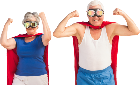 Senior man and woman flexing muscles