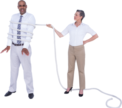 Businesswoman tying up businessman - Powered by Adobe
