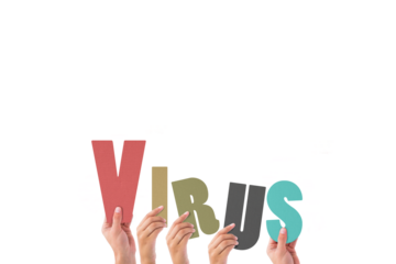 Colorful alphabet spelling virus held up by people 