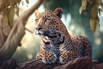 Fototapeta na wymiar Leopard lying on a tree branch in the jungle. 3d rendering generative a
