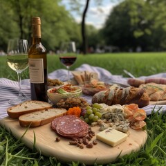 picnic spread on checkered blanket with charcuterie board filled with bread, meat, rolls, grapes, wine with people in distant background Central Park New York City made with generative ai