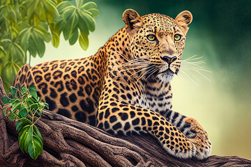 Naklejka premium Leopard lying on a tree branch in the jungle. 3d rendering generative a