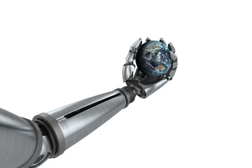 Illustration of chrome robot hand with globe