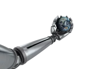 Foto op Plexiglas Illustration of chrome robot hand with globe © vectorfusionart