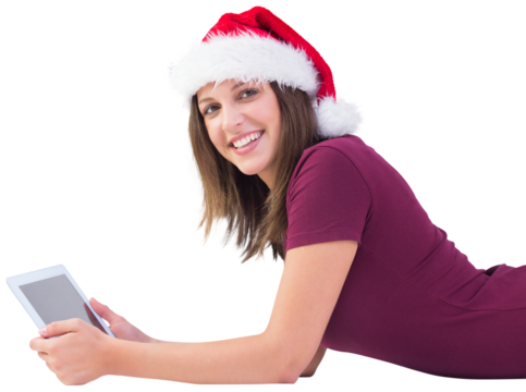 Festive brunette using tablet pc - Powered by Adobe