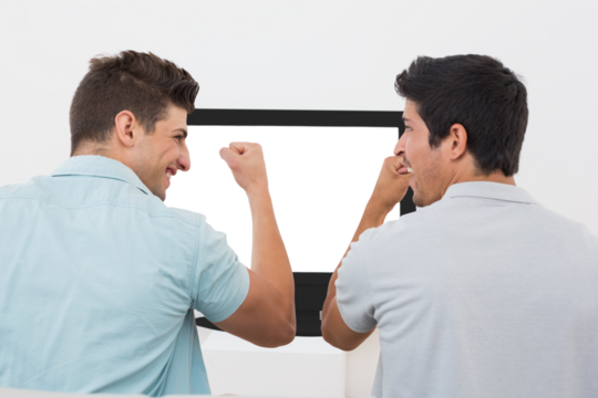 Men cheering while watching television 