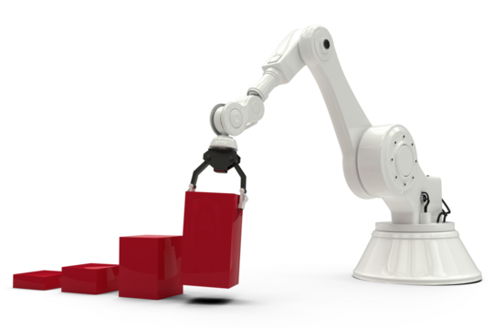 Composite image of robot arranging red toy blocks - Powered by Adobe