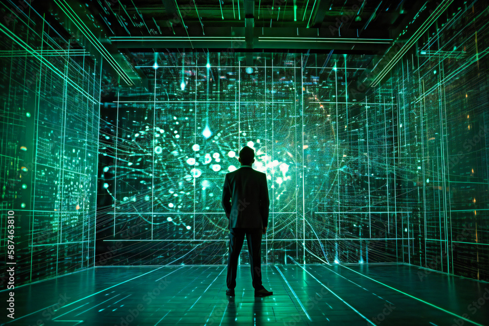 Aufkleber businessman standing in front of a virtual global network with financial graphs and charts