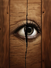 A single eye peers through a tiny crack in a wooden door a sense of dread emanating from behind it.. AI generation.