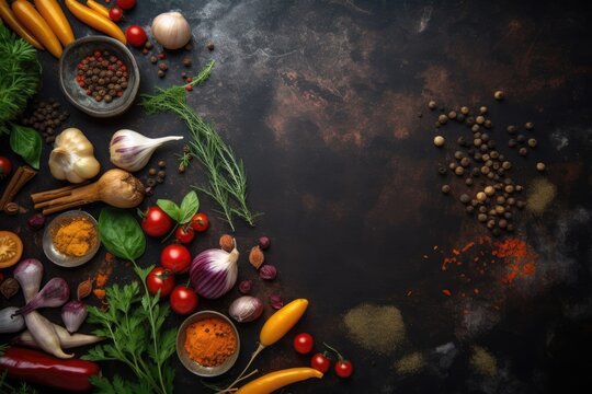 Fresh veggies, herbs, and spices for cooking on a background of dark metal with room for text. looking up. Bio Ingredients in food. Generative AI