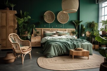 Contemporary boho bedroom with green brick wall, bed, white wooden commode, curtains, houseplants, rattan basket, dray palm leaf, and design accessories. Elegant interiors. Generative AI