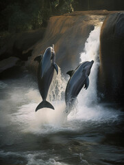 Image of Two dolphins leaping gracefully through a waterfall.. AI generation. printed on Printed Aluminium Shower Panels