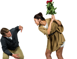 Woman hitting boyfriend with red flowers