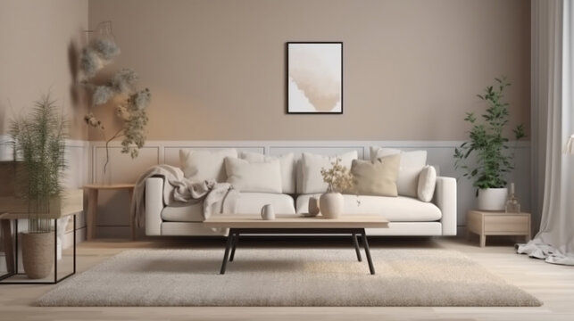 Domestic and cozy interior of living room with beige sofa, plants, shelf, coffee table, boucle rug, mock up poster frame, side table, plant and elegant decoration Beige wall. Generative ai