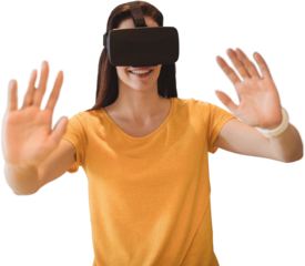 Happy young woman gesturing while using virtual reality glasses
