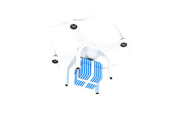 Digital composite image of quadcopter with blue and white striped gift box