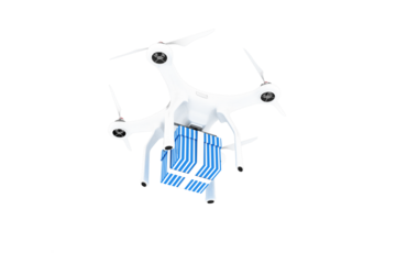 Digital composite image of quadcopter with blue and white striped gift box