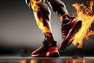 Sport. Runner. Side view of a jogger legs with the power in the veins isolated on black. Fire and energy