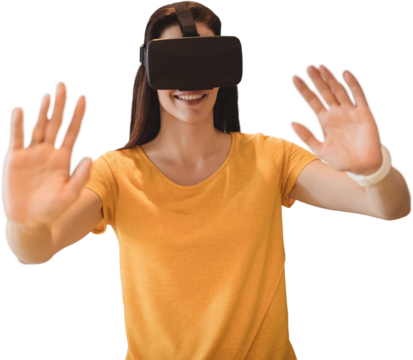 Happy young woman gesturing while using virtual reality glasses