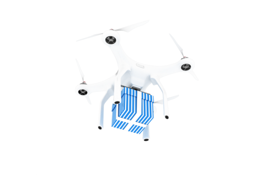 Digital composite image of quadcopter with blue and white striped gift box
