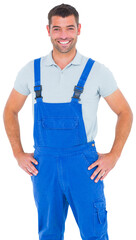 Portrait of happy repairman in overalls