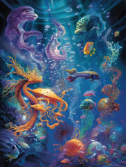 A vivid assortment of creatures sparkle amidst the rippling current.. AI generation.