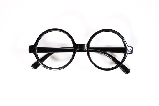 Round black eyeglasses isolated on white background. Harry Potter style circle glasses. 