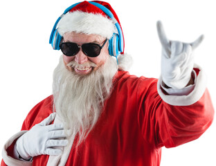 Santa claus showing horn sign while listening to music on headphones