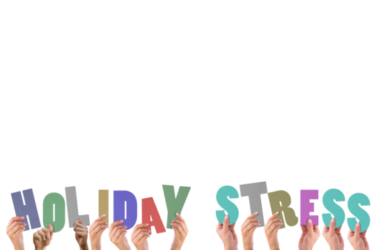 Colorful alphabet spelling holiday stress held up by people 