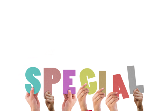 Hands holding colorful word special