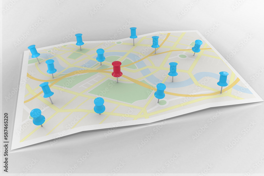 Poster red marker surrounded by blue pointer on world map