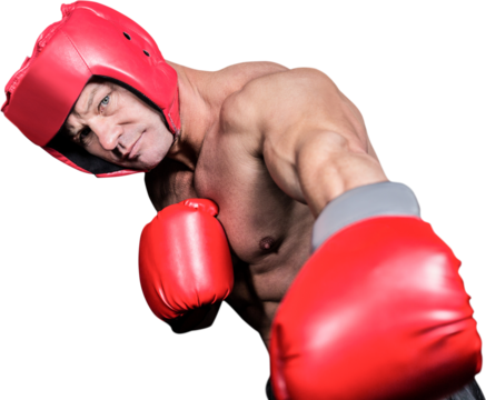 Portrait of boxer with gloves punching against black background - Powered by Adobe
