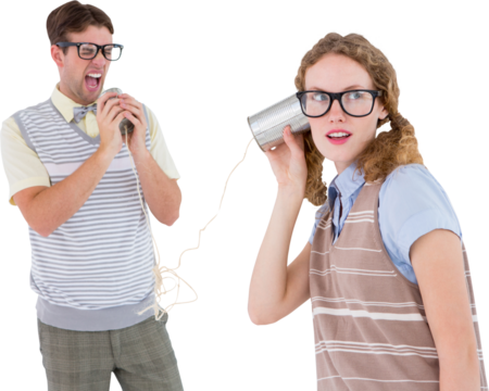 Geeky hipster couple speaking with tin can phone 