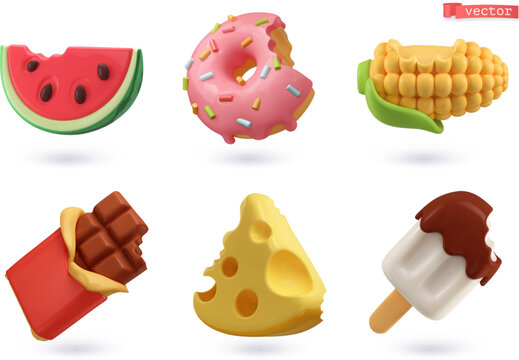 Tasty bites food, watermelon, donut, corn, chocolate, cheese, ice cream. 3d vector icon set
