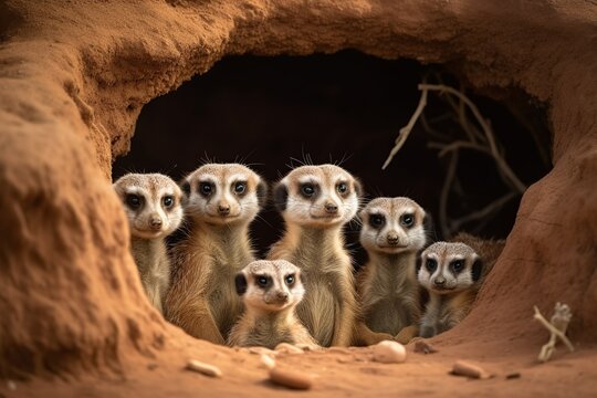 Cozy family of suricates huddled together in their burrow, young ones peeking out from behind parents, surrounded by plants and rocks. generative ai
