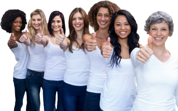 Happy multiethnic women standing in a line and showing thumbs up