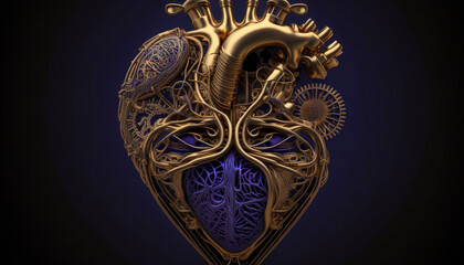 Gold steam punk human heart.Generative AI.