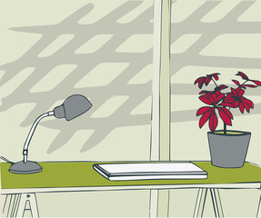 Composite of laptop with lamp and potted plant on table