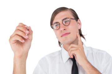 Geeky businessman writing with pen 