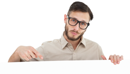 Geeky hipster pointing at poster