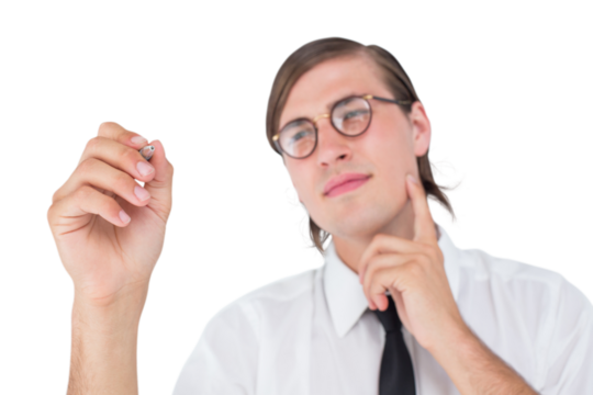 Geeky businessman writing with pen 