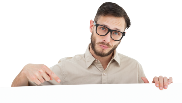 Geeky hipster pointing at poster